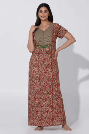 Red Kalamkari Printed Nighty with Geometric Yoke Design