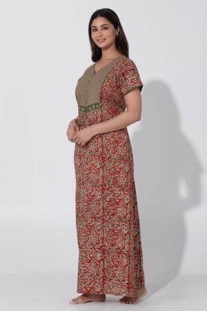 Red Kalamkari Printed Nighty with Geometric Yoke Design