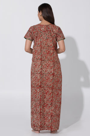 Red Kalamkari Printed Nighty with Geometric Yoke Design
