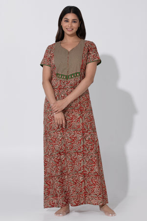 Red Kalamkari Printed Nighty with Geometric Yoke Design