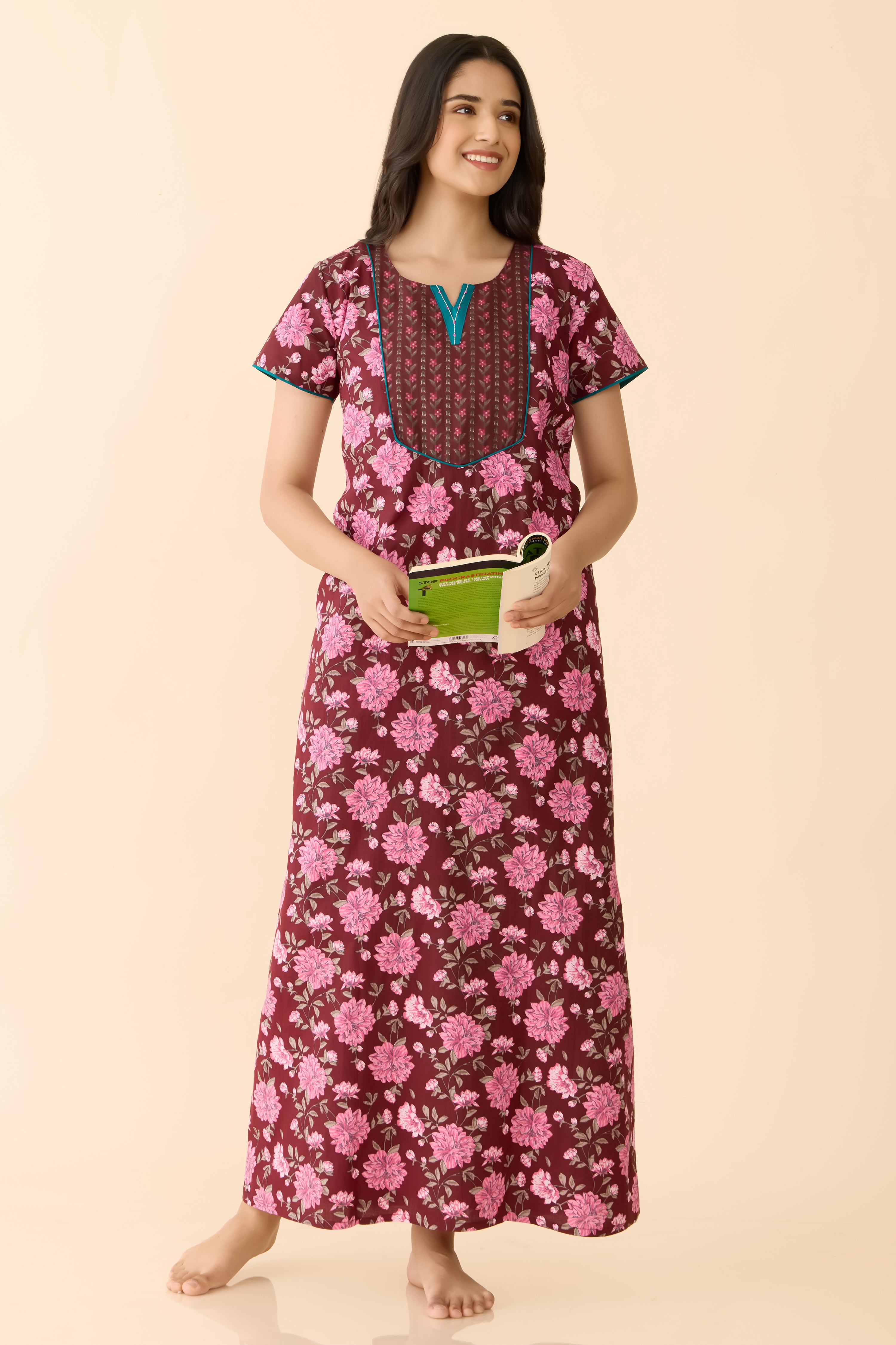 Brown Floral Printed Cotton Nightwear