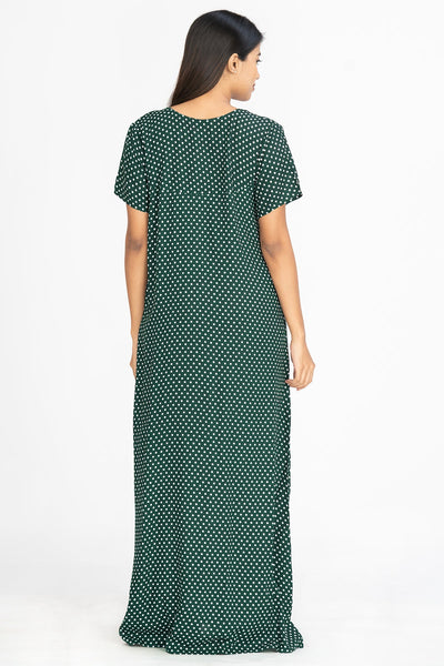 All Over Polka Dot Print With Contrast Floral Embroidered Yoke Nighty Green