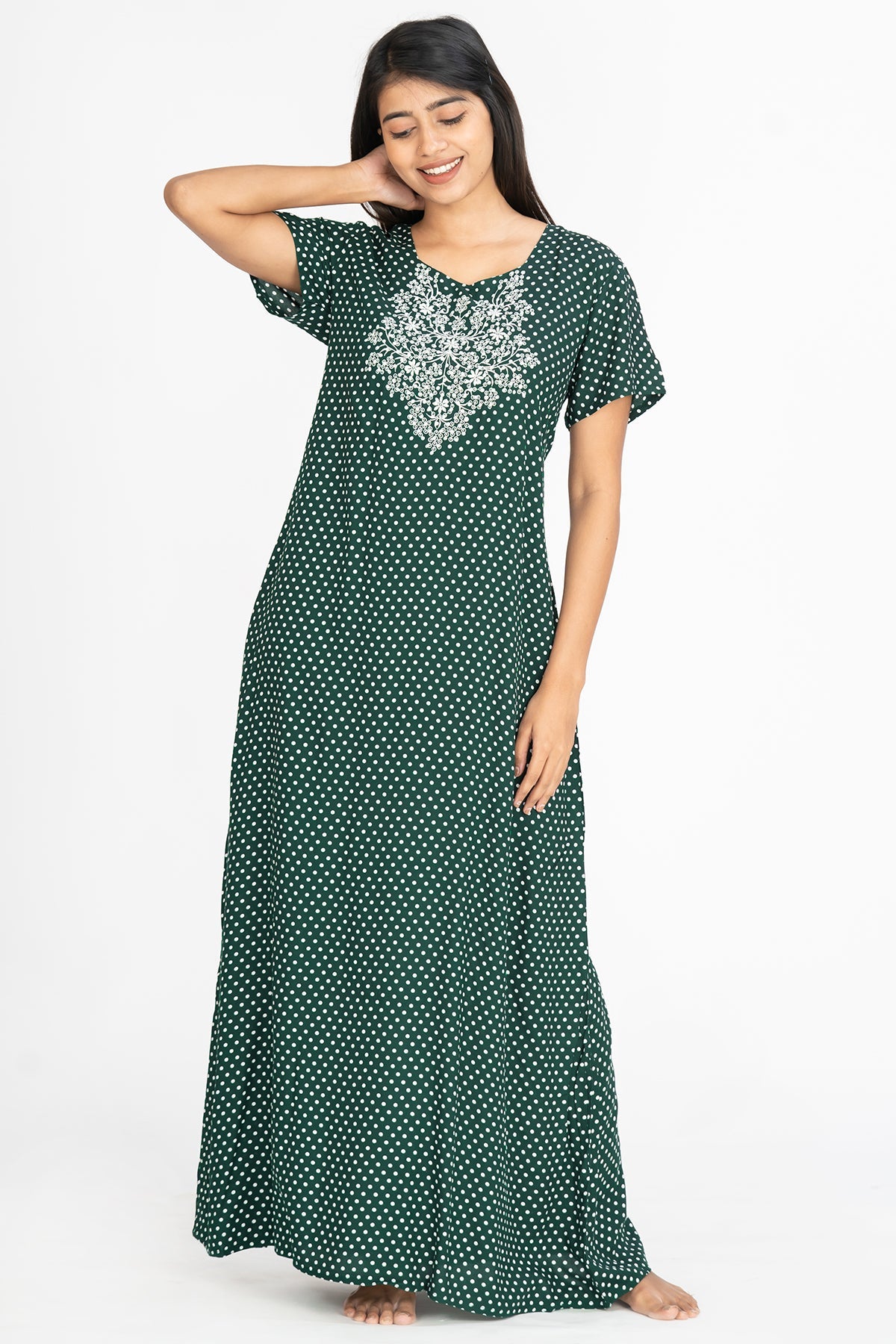 All Over Polka Dot Print With Contrast Floral Embroidered Yoke Nighty Green