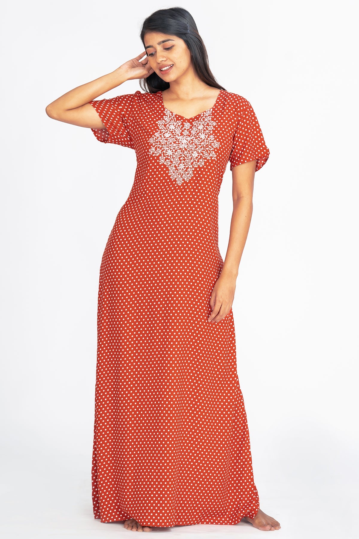 All Over Polka Dot Print With Contrast Floral Embroidered Yoke Nighty Red