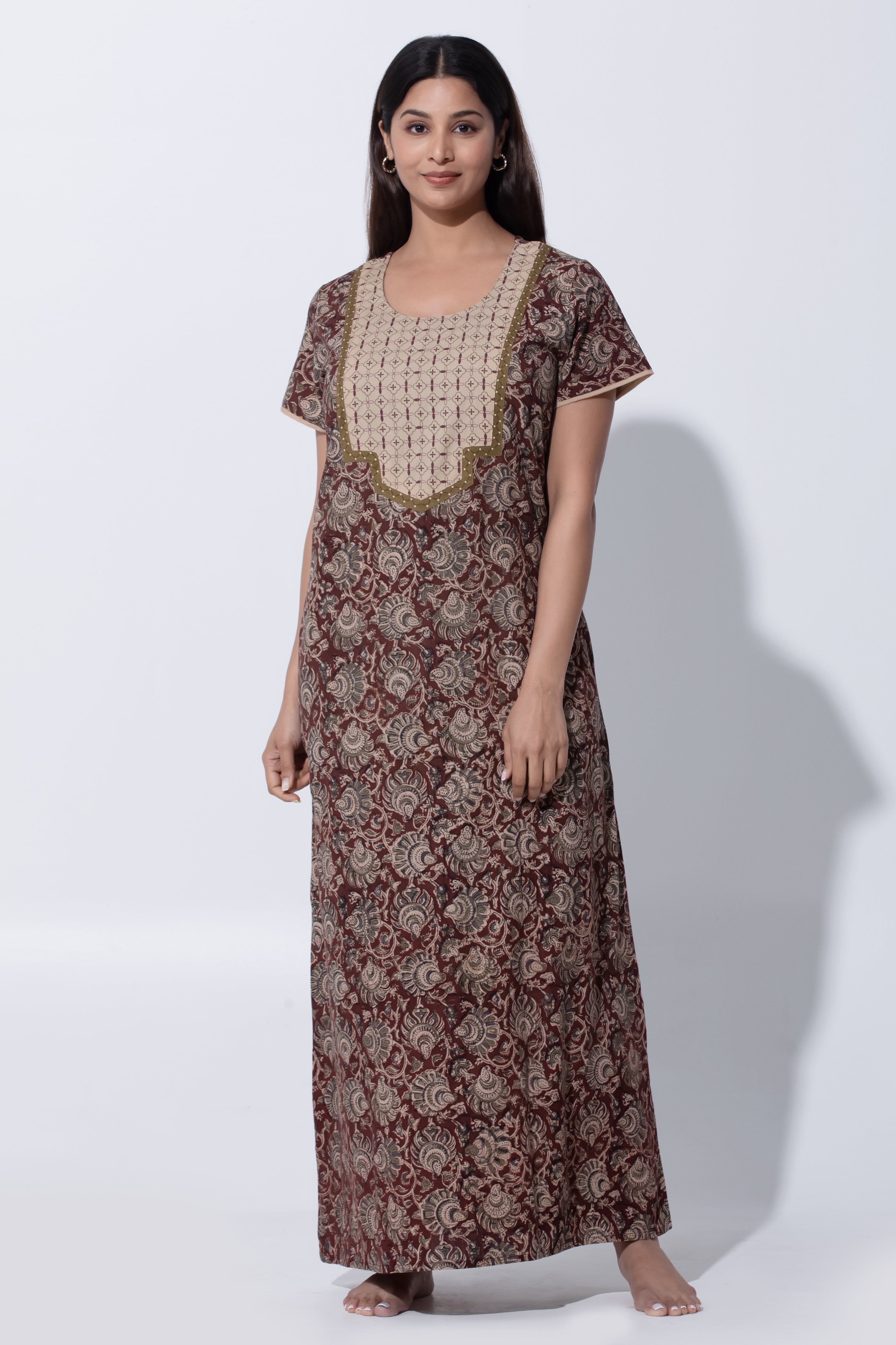 Brown Kalamkari Cotton Nightwear with Floral Block Printed Yoke