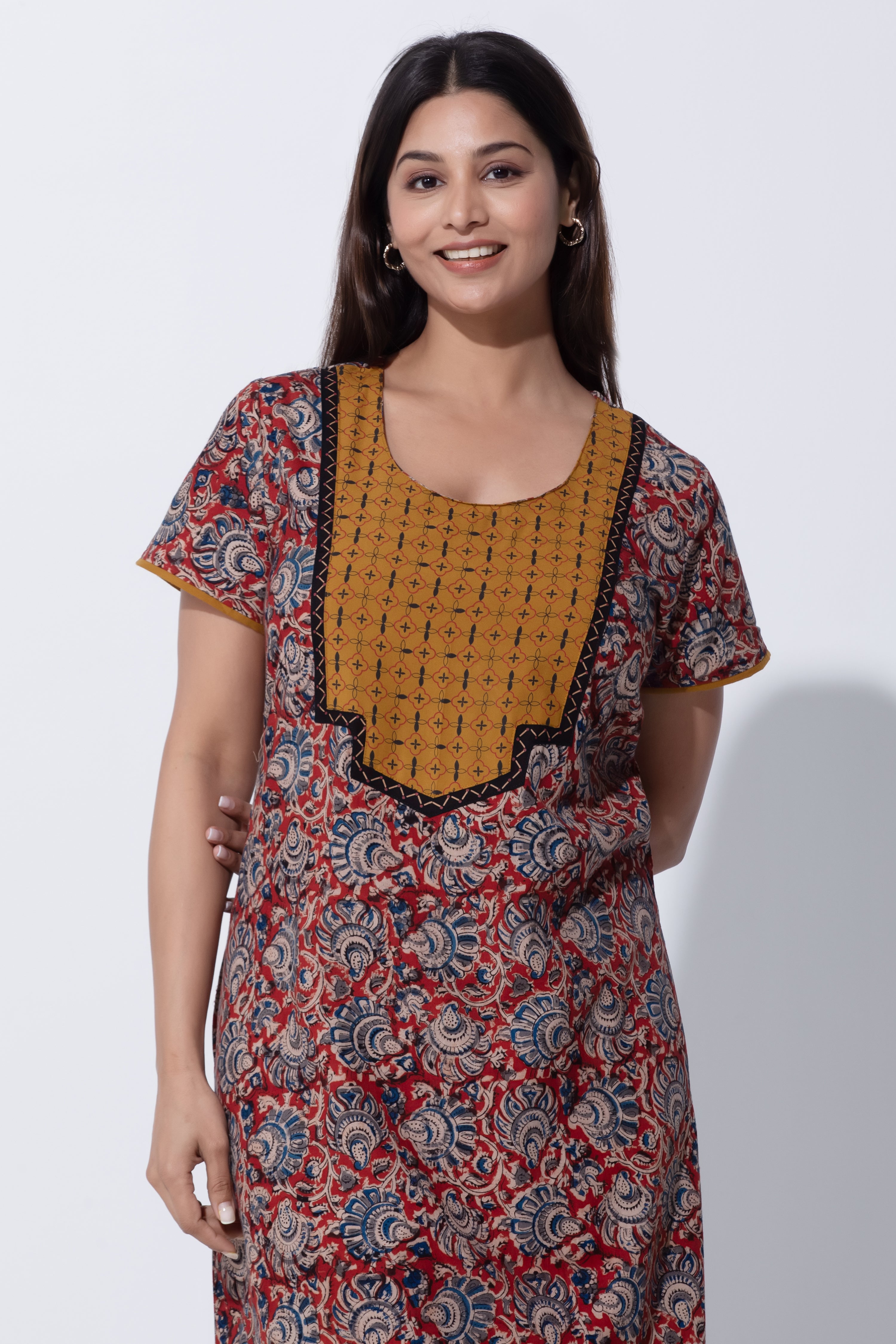 Rust & Mustard Kalamkari Cotton Nightwear with Floral Yoke