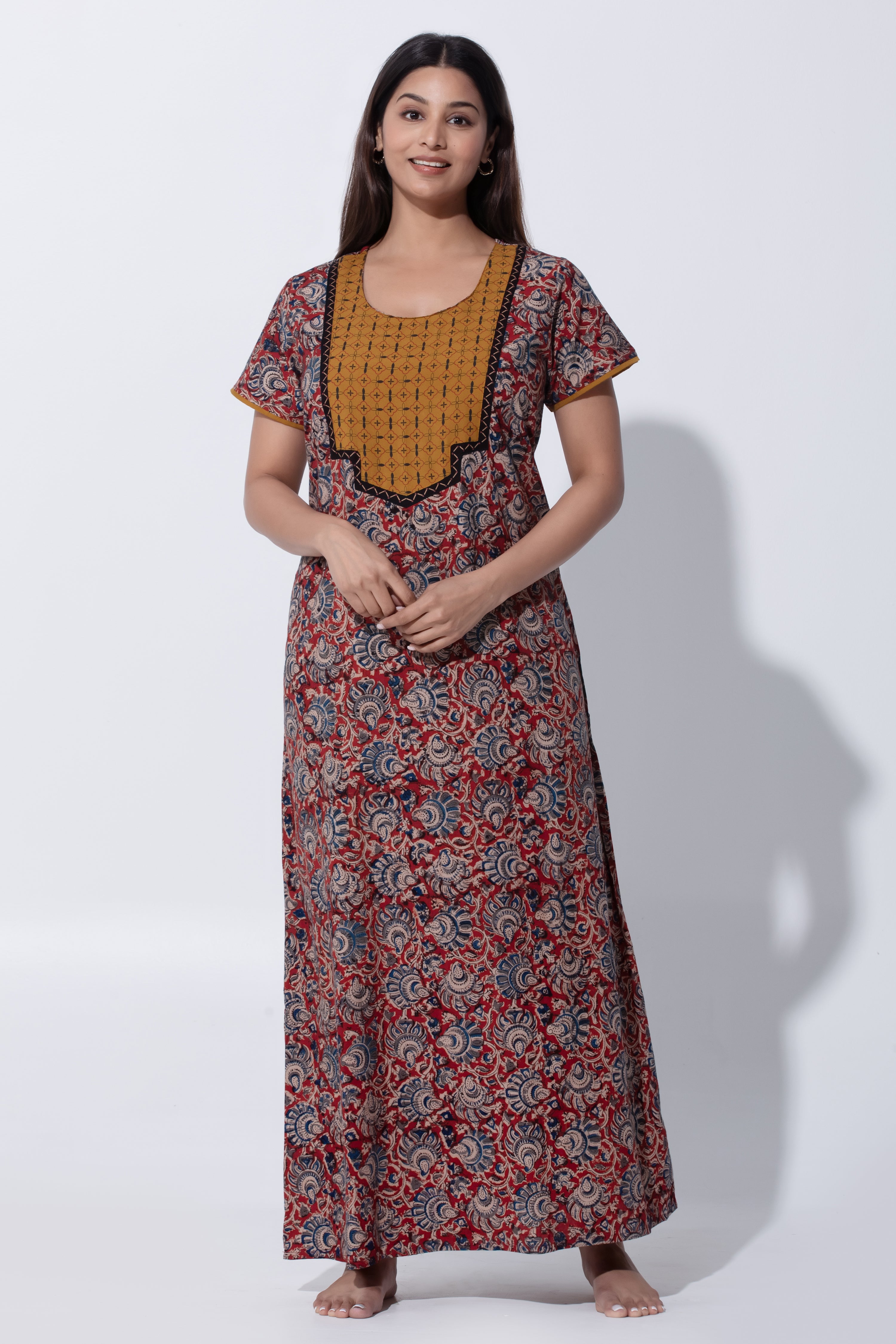 Rust & Mustard Kalamkari Cotton Nightwear with Floral Yoke