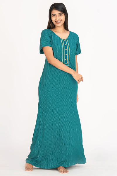 All Over Ditsy Polka Dot Print With Contrast Embroidered Yoke Nighty Green