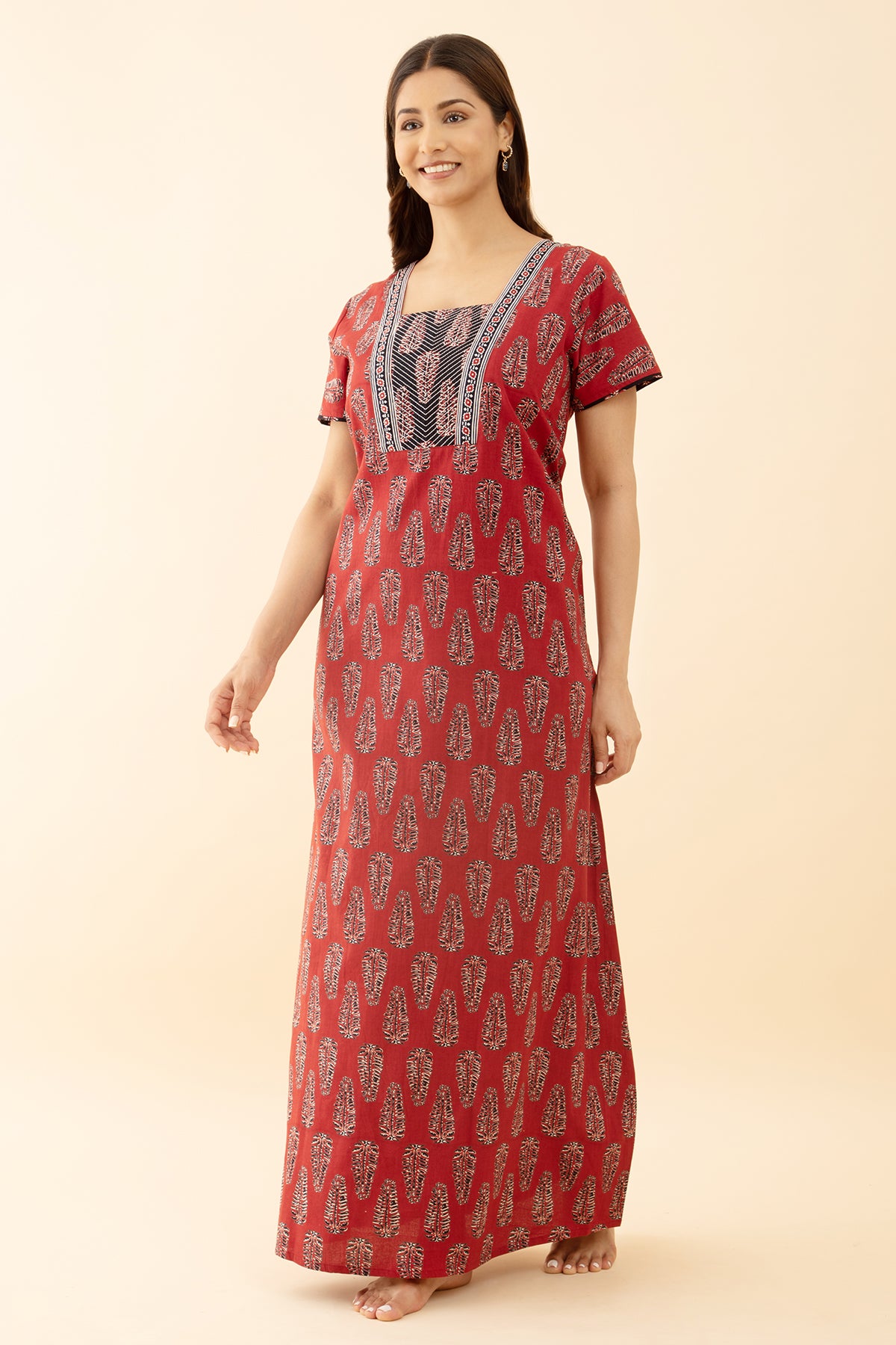 Ajrakh Printed Cotton Nighty Red Color