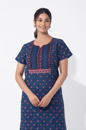 Blue Monotone Printed & Embroidered Cotton Nighty