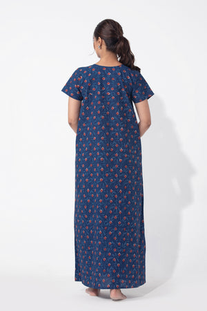Blue Monotone Printed & Embroidered Cotton Nighty