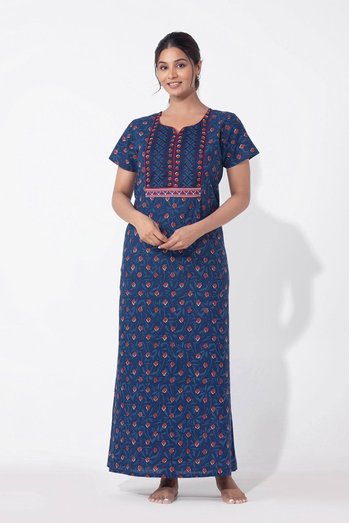 Blue Monotone Printed & Embroidered Cotton Nighty