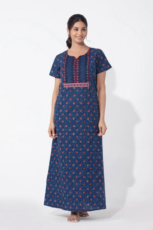 Blue Monotone Printed & Embroidered Cotton Nighty