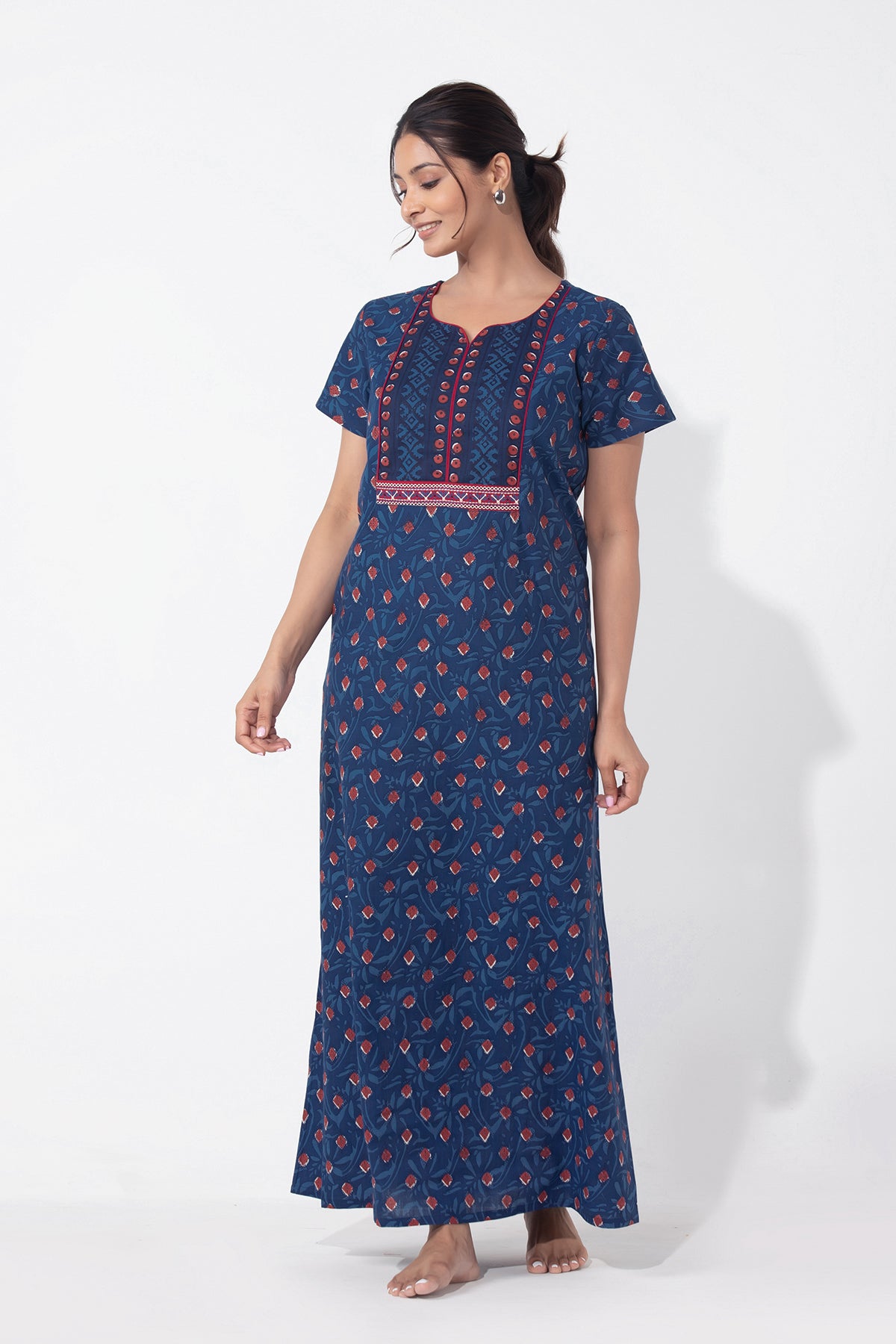 Blue Monotone Printed & Embroidered Cotton Nighty