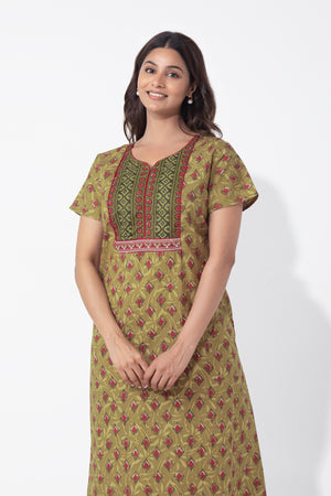 Green Monotone Printed & Embroidered Cotton Nighty