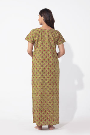 Green Monotone Printed & Embroidered Cotton Nighty