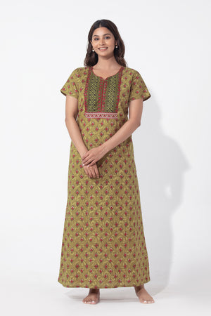 Green Monotone Printed & Embroidered Cotton Nighty
