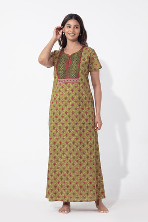 Green Monotone Printed & Embroidered Cotton Nighty