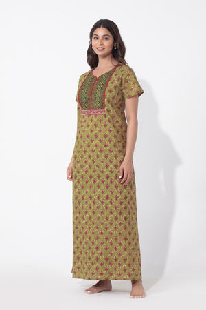 Green Monotone Printed & Embroidered Cotton Nighty