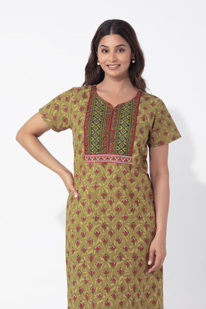 Green Monotone Printed & Embroidered Cotton Nighty