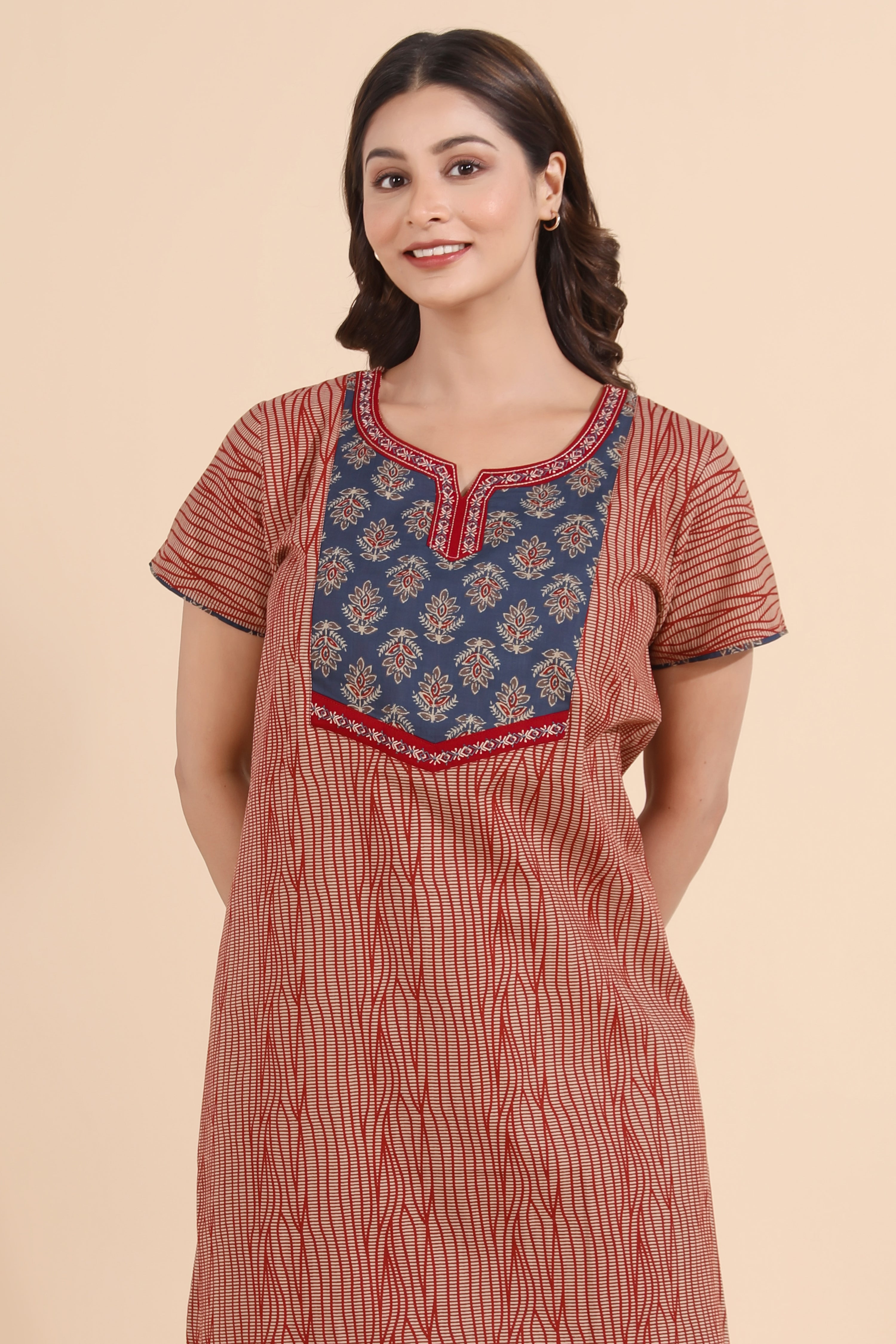 Abstract Printed Maroon Nighty with Ajrakh Printed Yoke