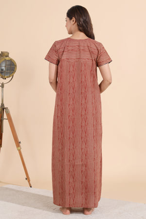 Abstract Printed Maroon Nighty with Ajrakh Printed Yoke