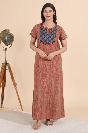 Abstract Printed Maroon Nighty with Ajrakh Printed Yoke
