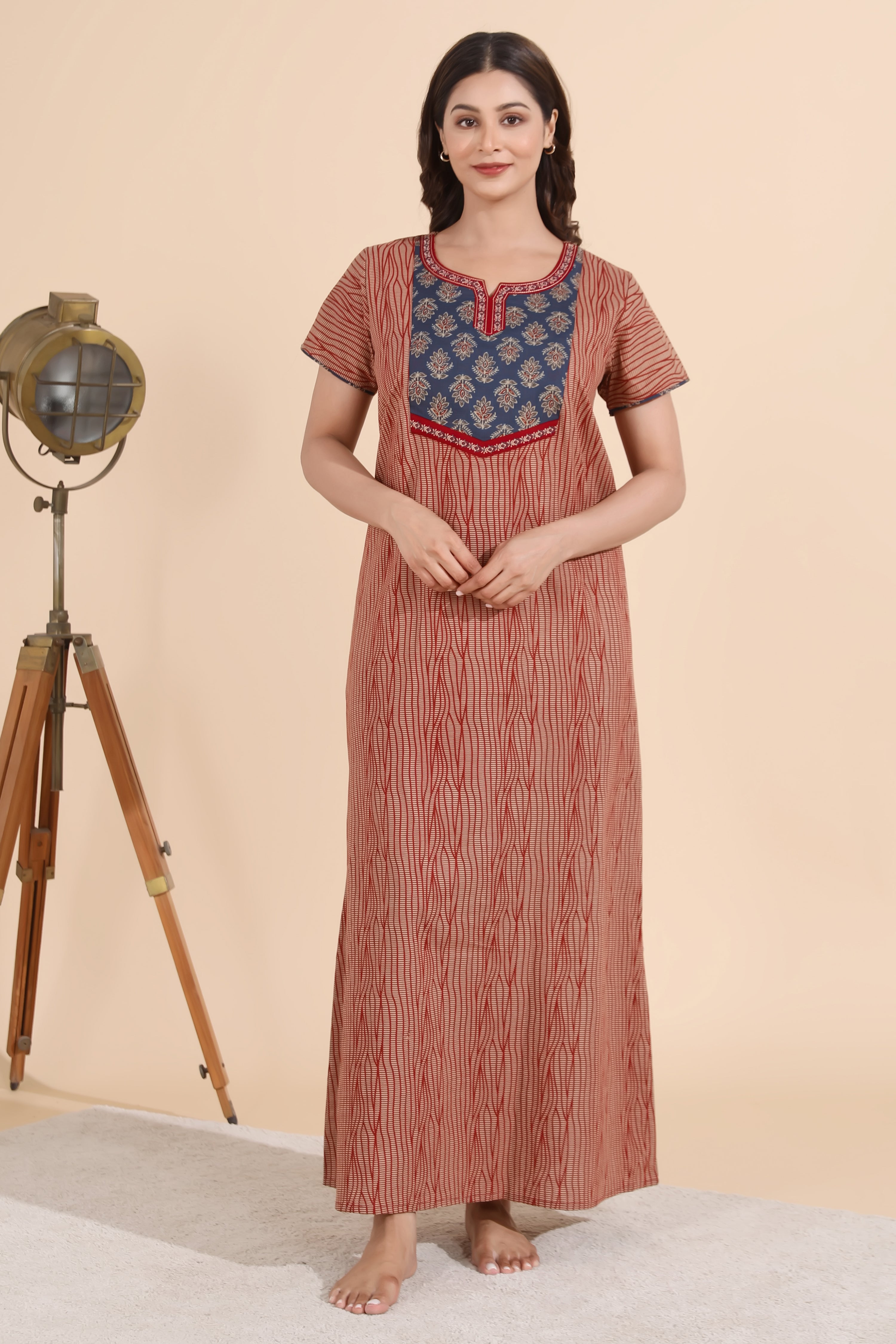 Abstract Printed Maroon Nighty with Ajrakh Printed Yoke