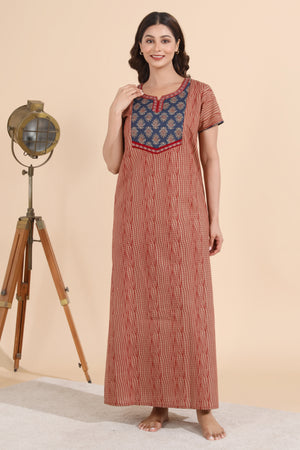 Abstract Printed Maroon Nighty with Ajrakh Printed Yoke