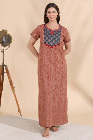 Abstract Printed Maroon Nighty with Ajrakh Printed Yoke