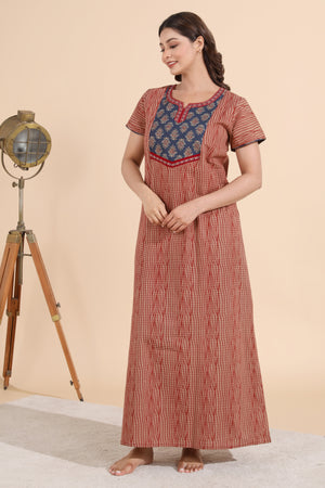 Abstract Printed Maroon Nighty with Ajrakh Printed Yoke