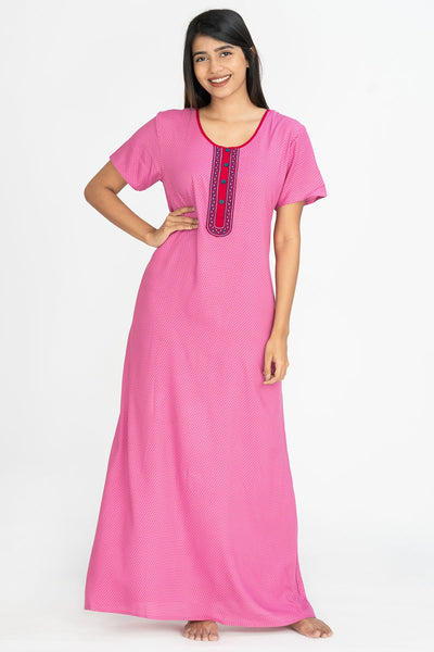 All Over Ditsy Polka Dot Printed With Embroidered Yoke Nighty Pink
