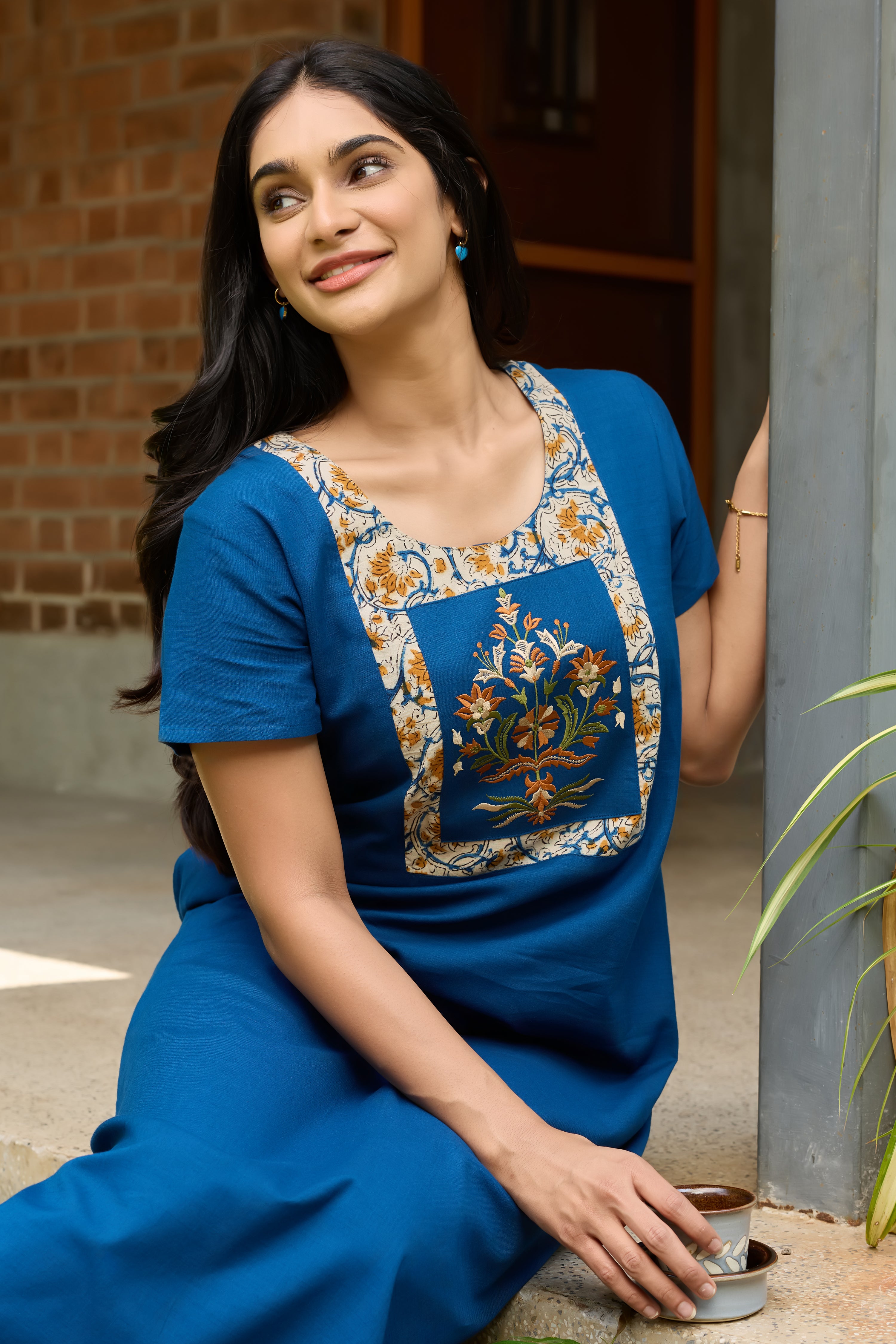BLUE COTTON NIGHTWEAR WITH KALAMKARI EMBROIDERED YOKE