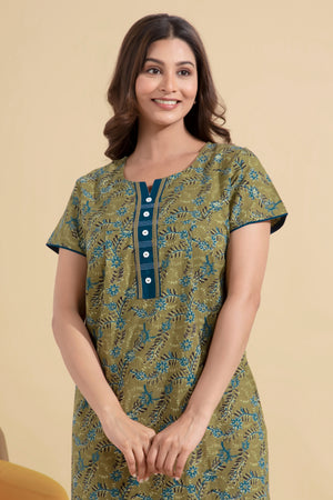Floral Printed Green Nighty with Lace Embellished Yoke