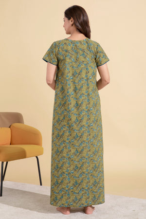 Floral Printed Green Nighty with Lace Embellished Yoke