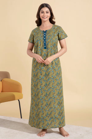 Floral Printed Green Nighty with Lace Embellished Yoke