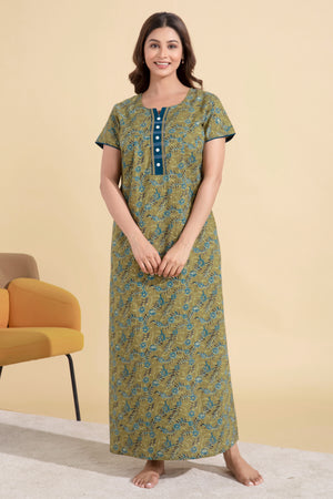 Floral Printed Green Nighty with Lace Embellished Yoke