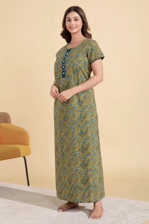 Floral Printed Green Nighty with Lace Embellished Yoke