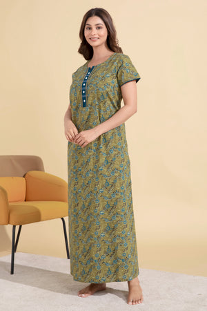 Floral Printed Green Nighty with Lace Embellished Yoke