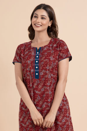 Ajrakh Printed Maroon Nighty with Lace Embellished Yoke