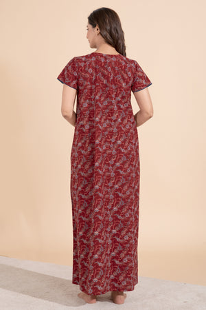Ajrakh Printed Maroon Nighty with Lace Embellished Yoke