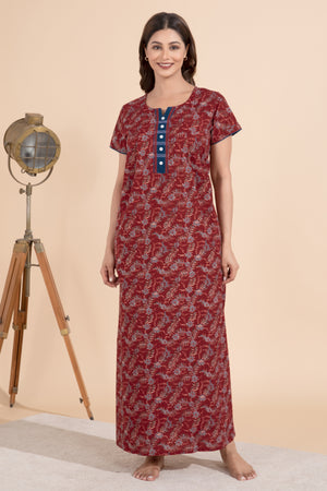 Ajrakh Printed Maroon Nighty with Lace Embellished Yoke