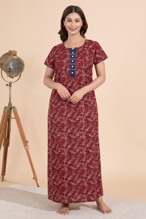 Ajrakh Printed Maroon Nighty with Lace Embellished Yoke