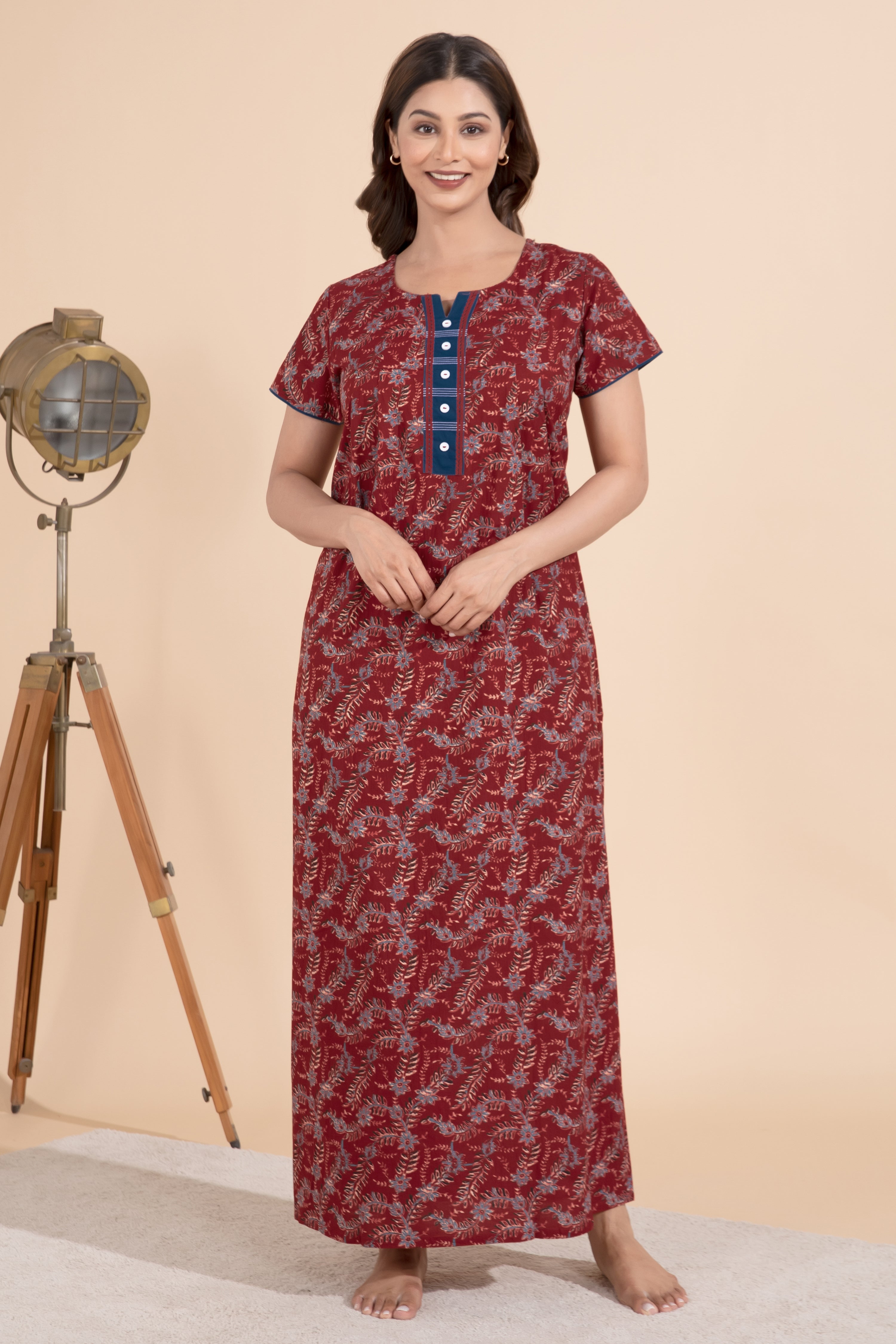 Ajrakh Printed Maroon Nighty with Lace Embellished Yoke