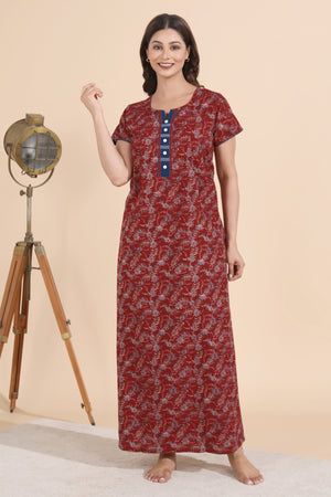Ajrakh Printed Maroon Nighty with Lace Embellished Yoke