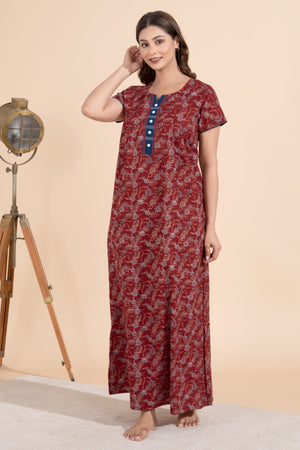Ajrakh Printed Maroon Nighty with Lace Embellished Yoke