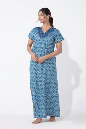 Blue Monotone Floral Printed Cotton Nighty