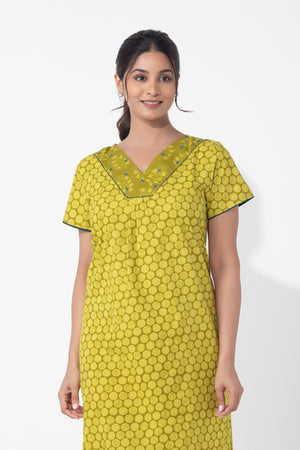 Green Monotone Floral Printed Cotton Nighty