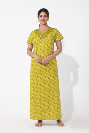 Green Monotone Floral Printed Cotton Nighty