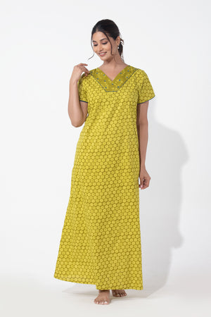 Green Monotone Floral Printed Cotton Nighty